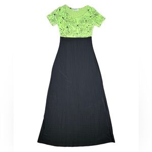 90s Vintage Black And Bright Green Short Sleeve Floral Maxi Dress